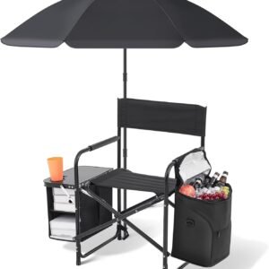 Folding Camping Chair with Side Table, Cooler Pouch and Detachable Parasol Umbrella Portable Foldable Beach Directors Chair for Adults Outdoor Camp Lawn Picnic Fishing Beach BBQ Travel
