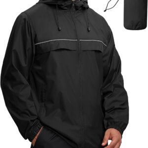 Mens Waterproof Windbreaker Rain Jacket Lightweight Packable Raincoat with Hood for Golf Hiking Travel