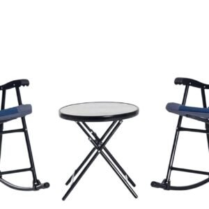 3 Piece Outdoor Patio Furniture Set with Glass Coffee Table & 2 Folding Padded Rocking Chairs, Bistro Style for Porch, Camping, Balcony, Navy Blue