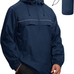 Mens Waterproof Windbreaker Rain Jacket Lightweight Packable Raincoat with Hood for Golf Hiking Travel