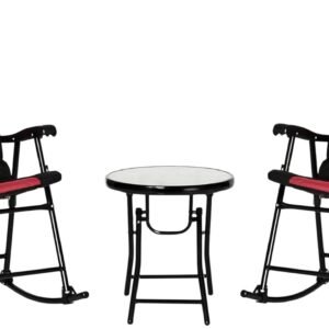 3 Piece Outdoor Patio Furniture Set with Glass Coffee Table & 2 Folding Padded Rocking Chairs, Bistro Style for Porch, Camping, Balcony, Red