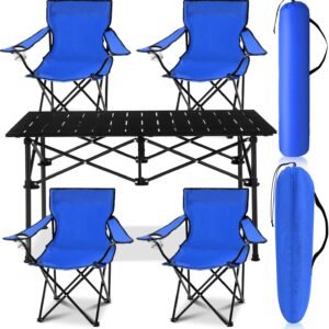 5 Pcs Summer Portable Camping Chair and Folding Camping Table Set Outdoor Oxford Fabric Folding Chair Lawn Portable Camp Table with Cup Holder Carry Bag for Travel Fishing Sport(Blue)