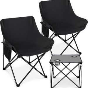 2 Pcs Portable Camping Chairs for Adults, Comfortable & Oversized Lawn Chair & Folding Camping Table for Outdoor Sports, Fishing, Rv Travel, Beach, Picnic – Black